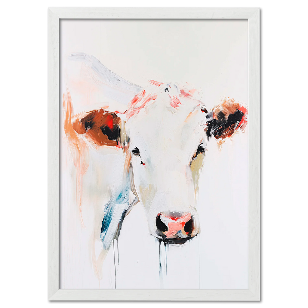 Albino Cow - Poster featuring a modern expressive painting of a cow with bold brushstrokes and soft colors.