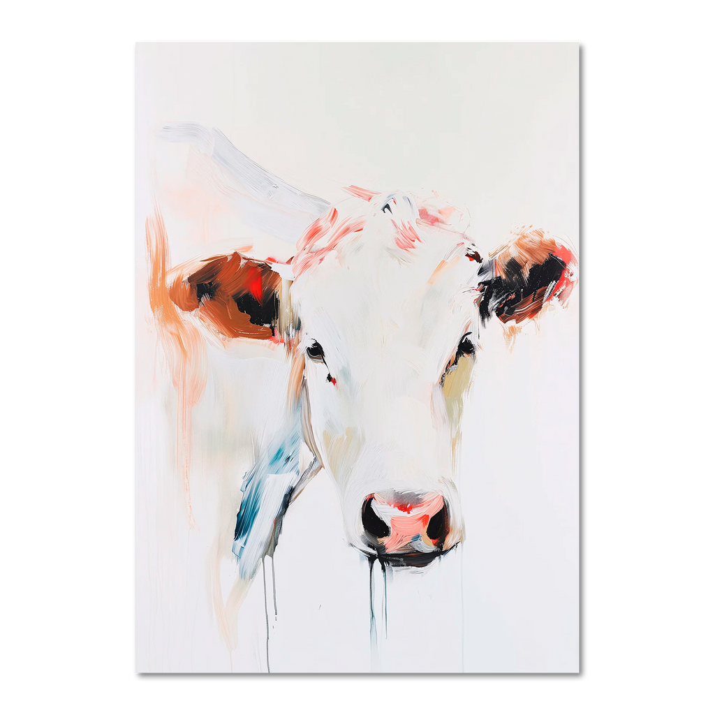 Albino Cow - Poster featuring a modern expressive portrait of a cow in soft tones and bold brushstrokes.