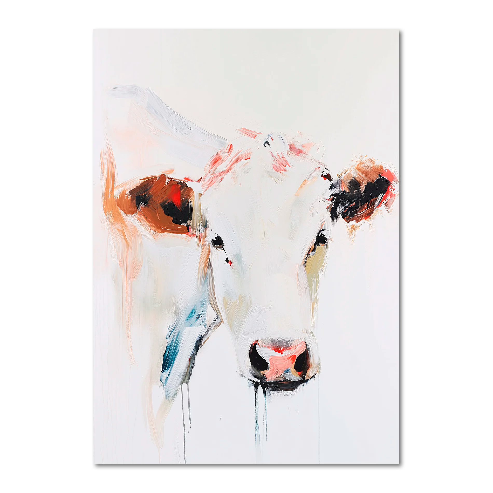 Albino Cow - Poster featuring a modern expressive portrait of a cow in soft tones and bold brushstrokes.