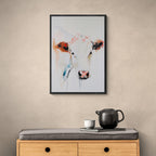 Albino Cow - Poster featuring a modern portrait of a cow, ideal wall art for minimalist interiors.