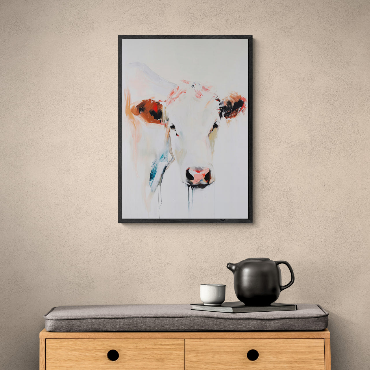 Albino Cow - Poster featuring a modern portrait of a cow, ideal wall art for minimalist interiors.