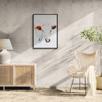 Albino Cow - Poster displayed in a modern minimalist living room with soft colors and natural light.