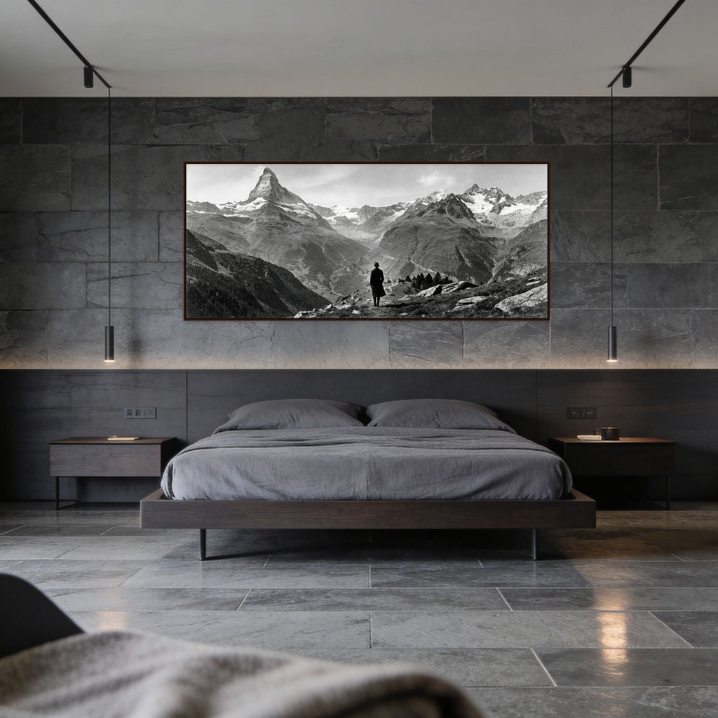 Alone with the Matterhorn – Alu-Dibond wall art displayed in a modern bedroom with a mountain landscape.