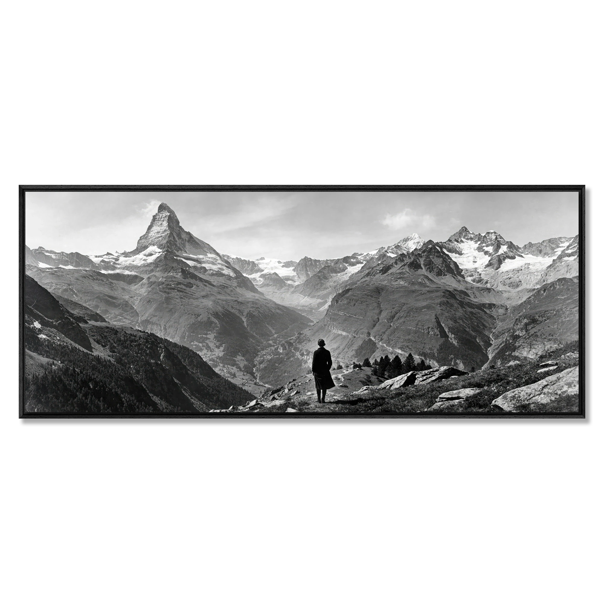 Alone with the Matterhorn – Alu-Dibond wall art showcasing a figure at the alpine landscape with the iconic mountain.