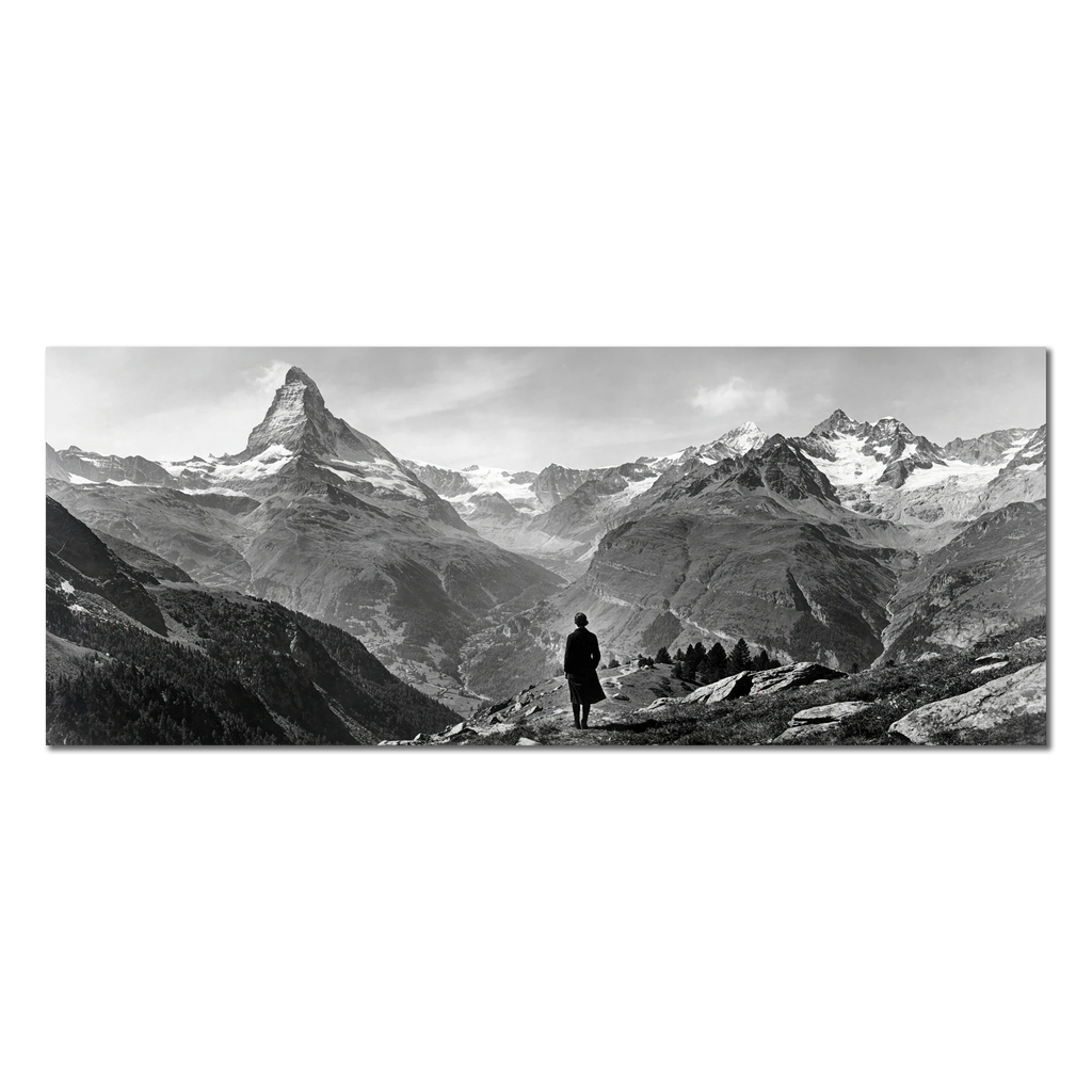 Alone with the Matterhorn – Alu-Dibond wall art featuring a solitary figure in an expansive alpine landscape.