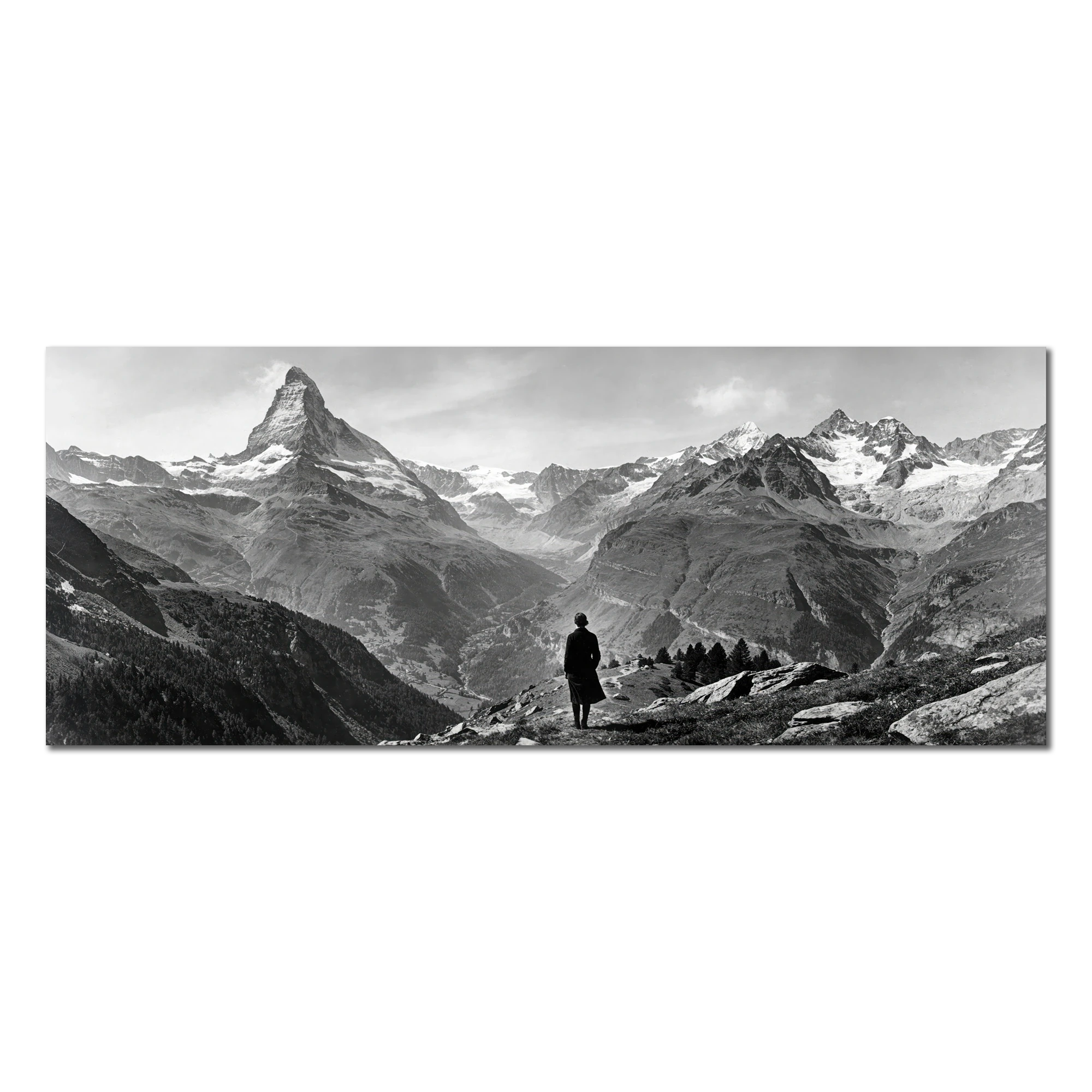 Alone with the Matterhorn – Alu-Dibond wall art featuring a solitary figure in an expansive alpine landscape.