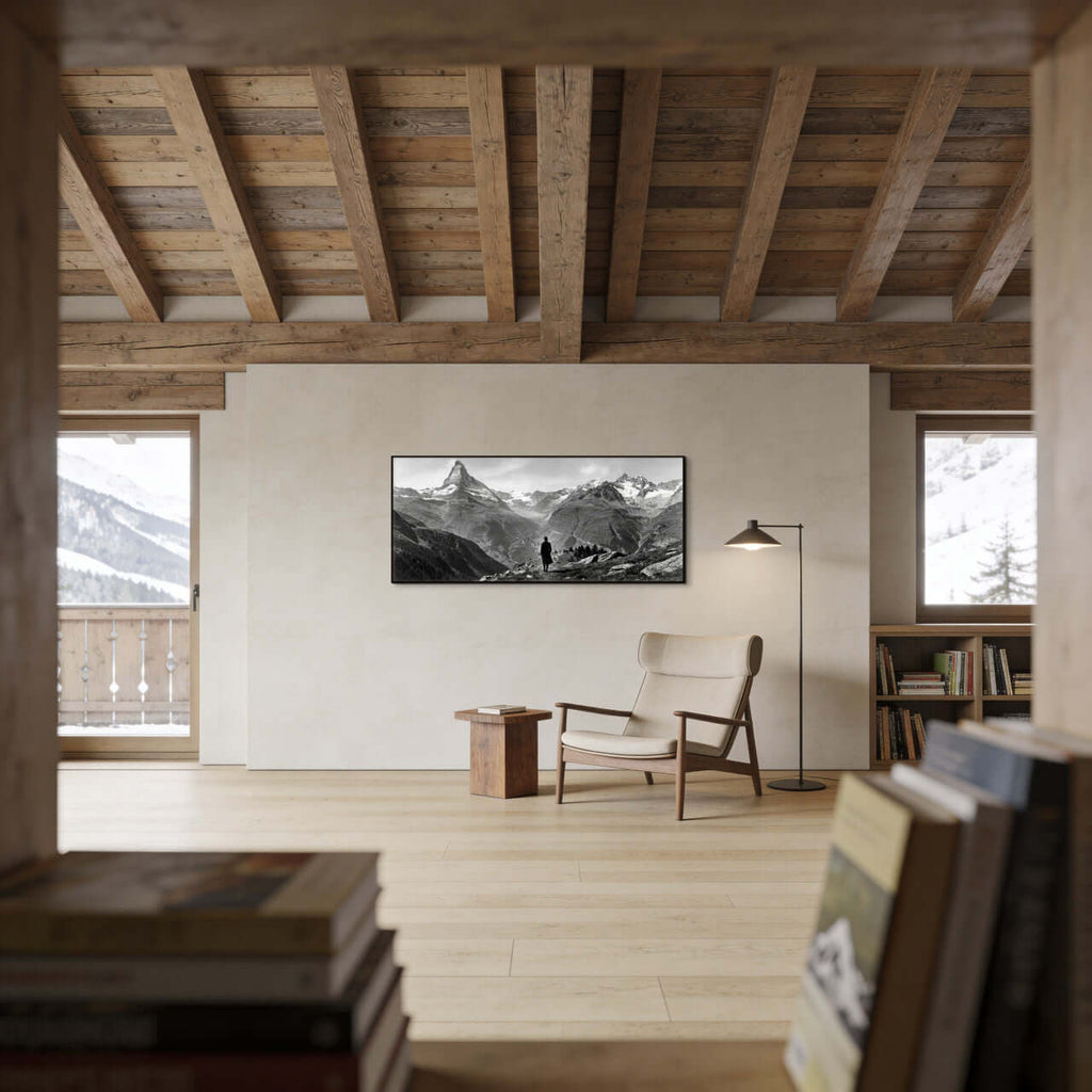 Alone with the Matterhorn – Alu-Dibond wall art displayed in a cozy, rustic living room with wooden accents.
