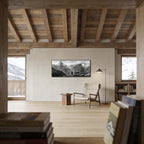 Alone with the Matterhorn – Alu-Dibond wall art displayed in a cozy, rustic living room with wooden accents.