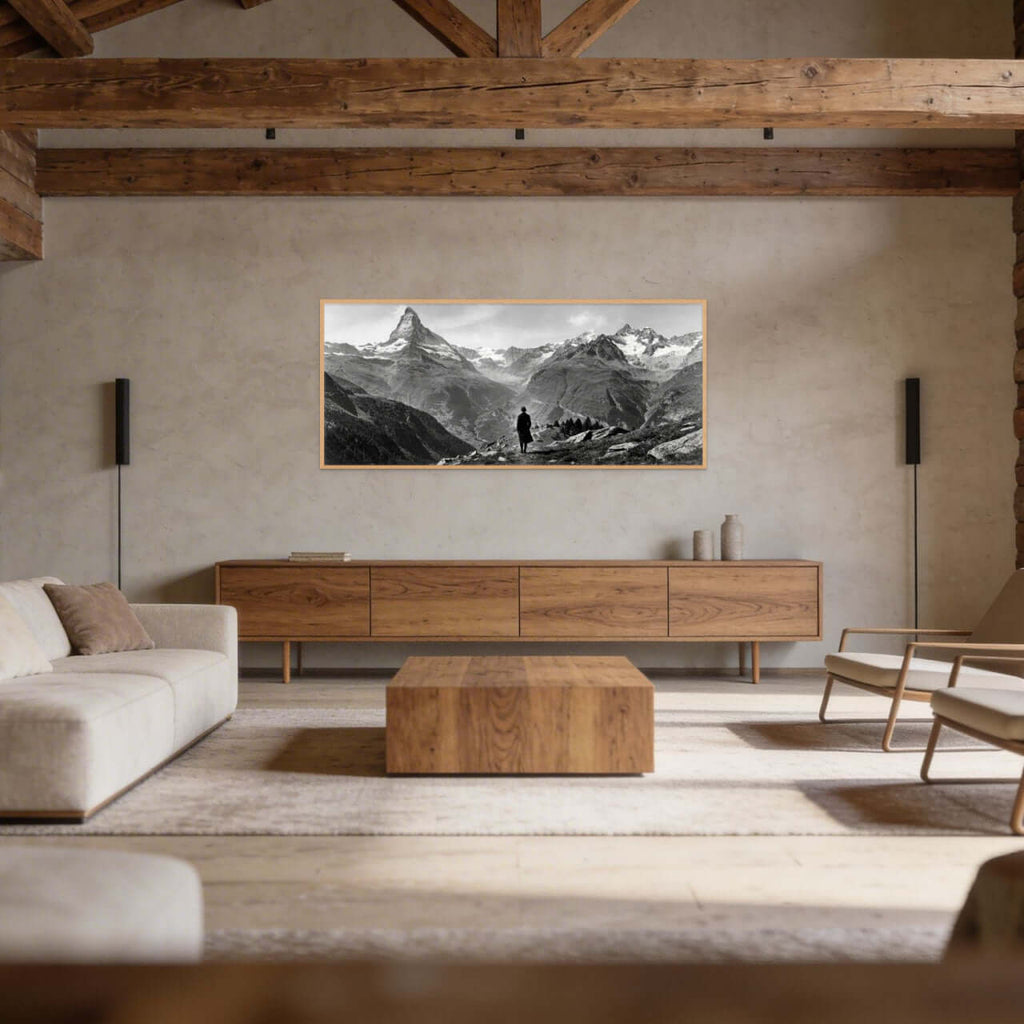 Alone with the Matterhorn – Alu-Dibond wall art displayed in a cozy living room with wooden decor.