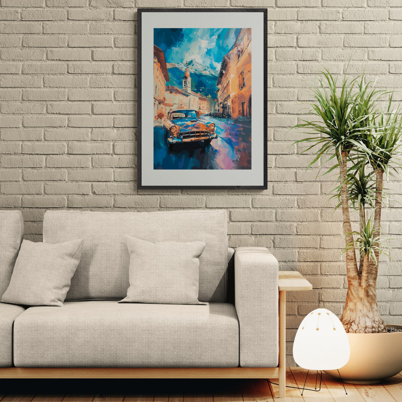 Along the Street of Switzerland - Poster featuring a vibrant Swiss street scene with warm buildings and a vintage car.