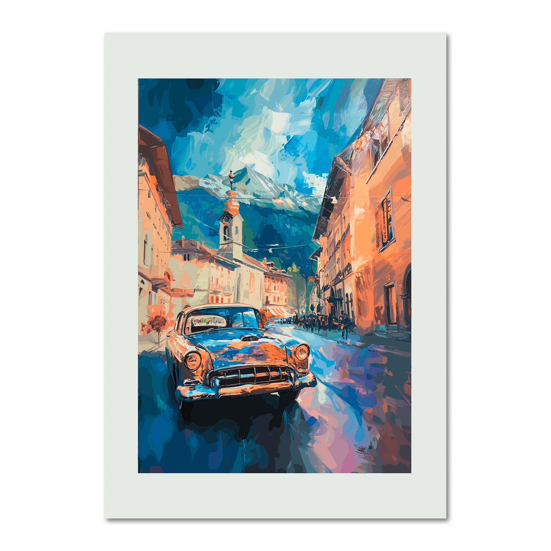 Along the Street of Switzerland - Poster featuring a vintage car on a charming Swiss street with mountains in the background.