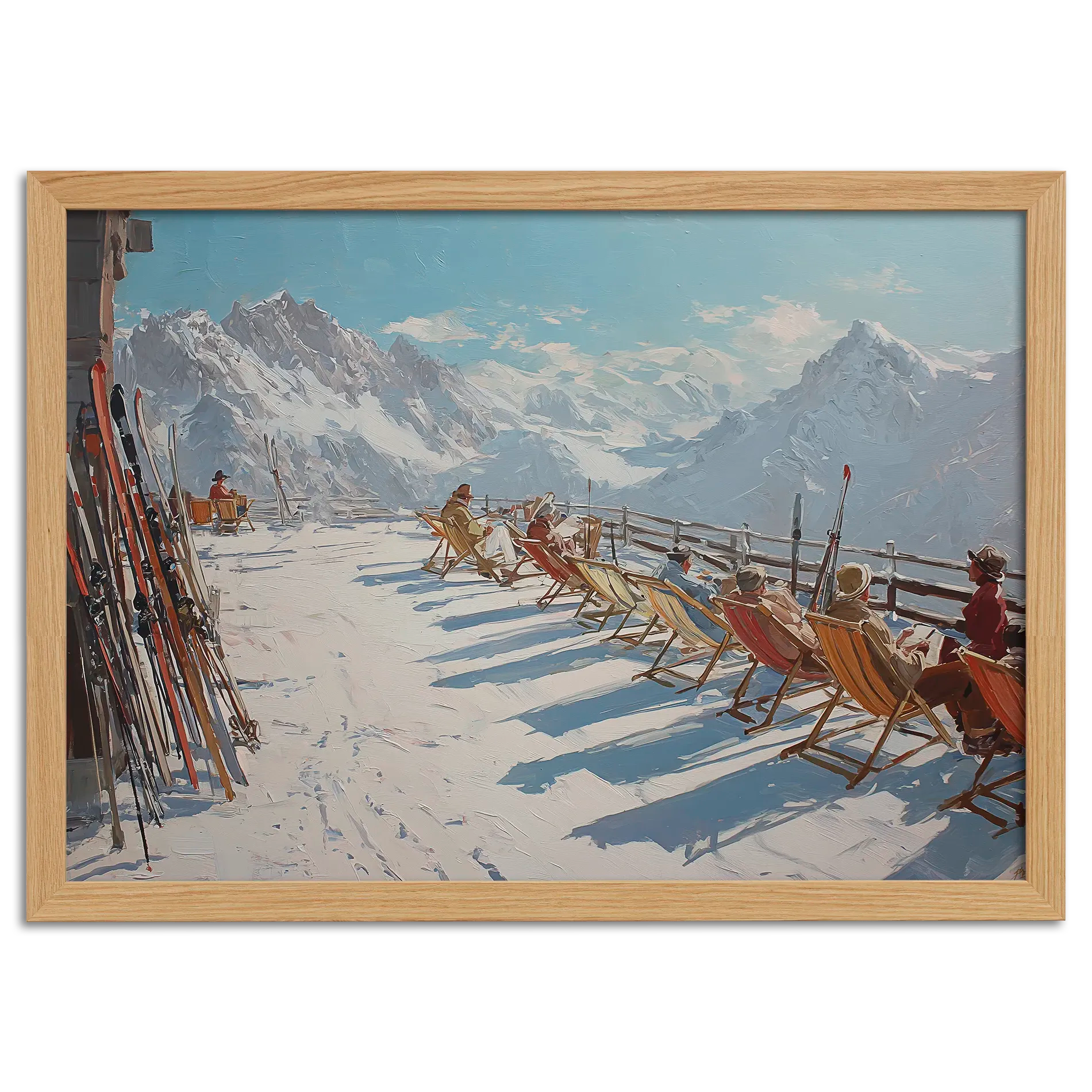 Alpine Après-Ski Terrace – Poster featuring a sunny mountain scene with people relaxing in deck chairs.
