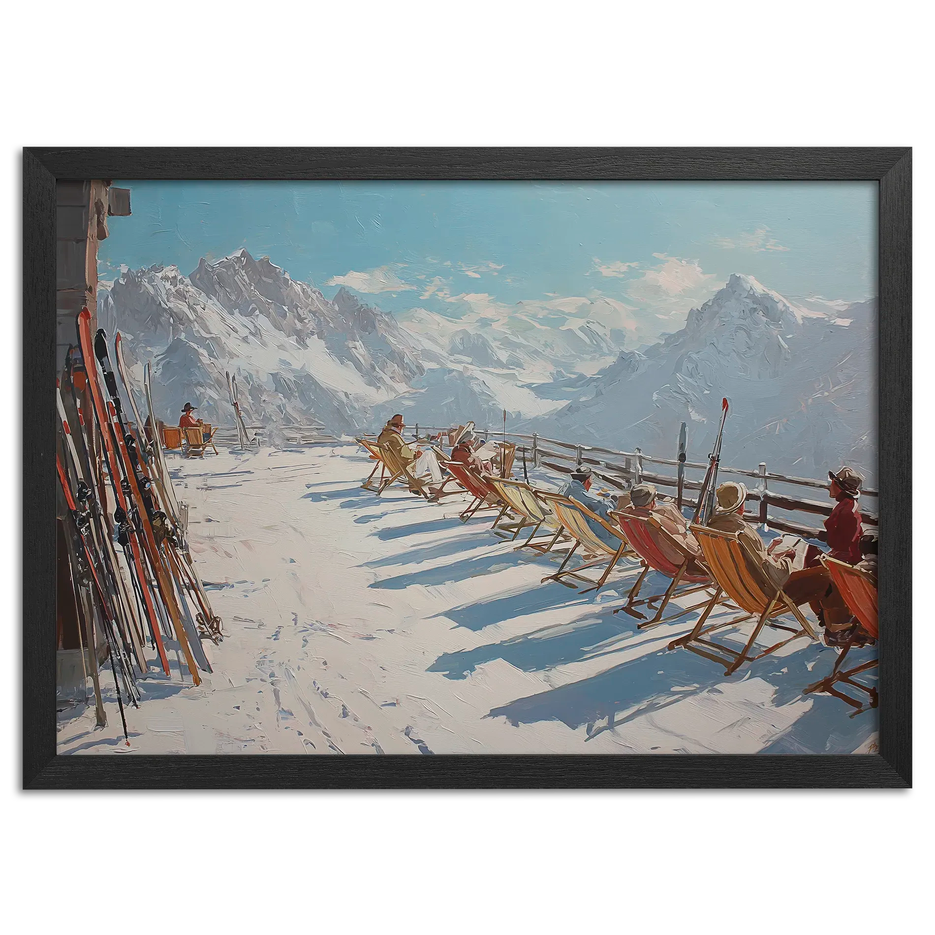 Alpine Après-Ski Terrace – Poster showing people relaxing on a mountain terrace with skis and snowy peaks.