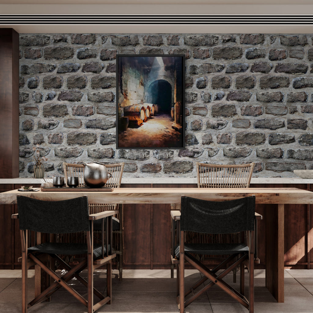 Barrels Below, Alpine Cellar - Poster hung in a rustic stone cellar, showcasing warm light and wooden barrels.