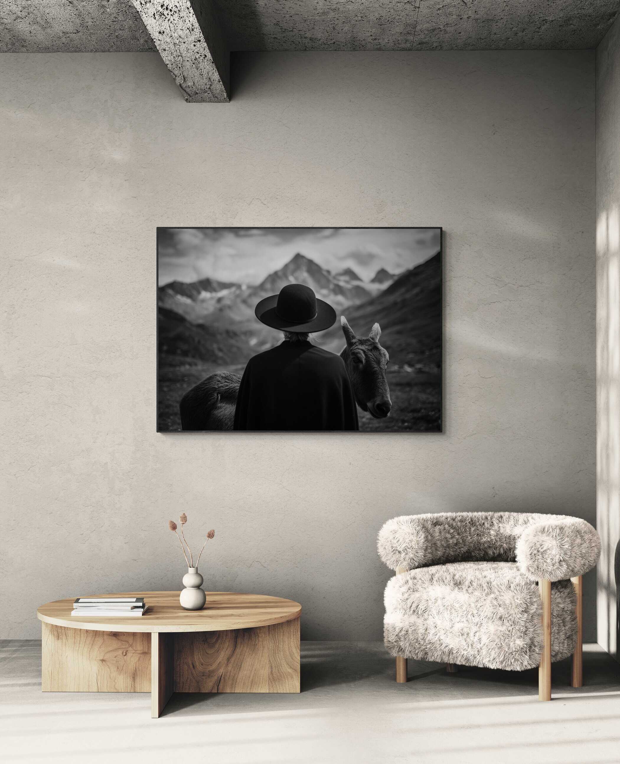 Alpine Companion and Donkey – Alu-Dibond wall art featuring a person with a donkey in a mountain landscape.