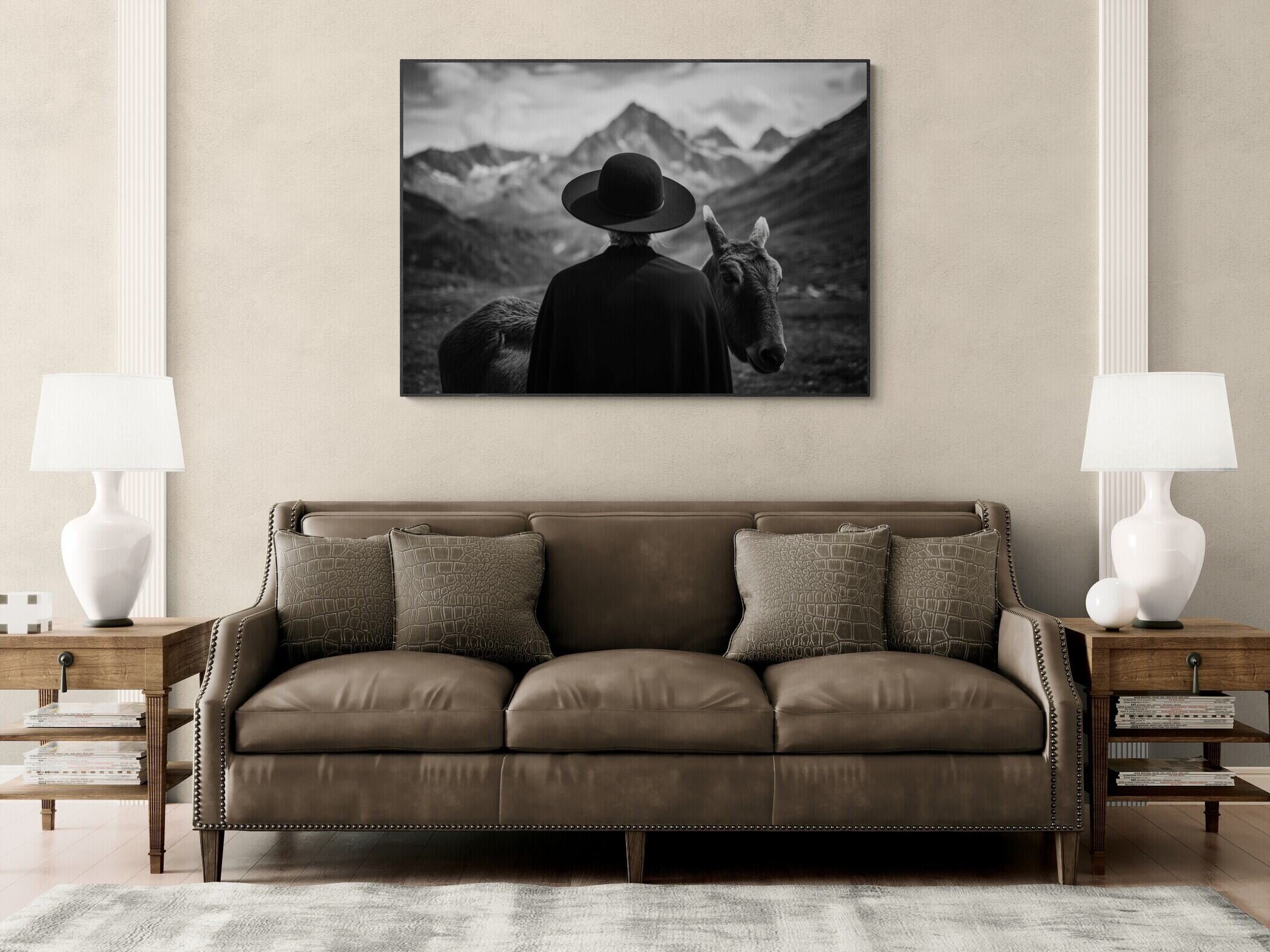 Alpine Companion and Donkey – Alu-Dibond wall art featuring a human and donkey in a mountain landscape.