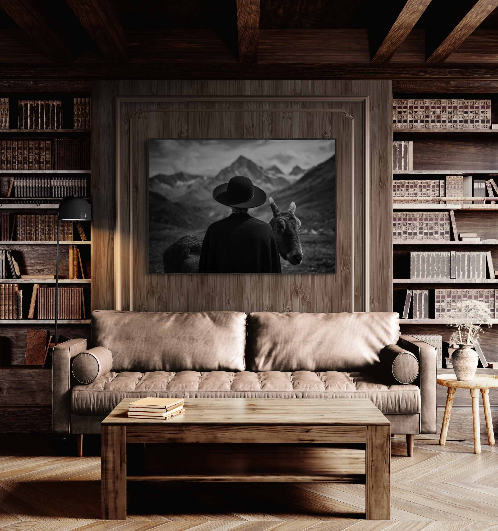 Alpine Companion and Donkey – Alu-Dibond wall art displayed in cozy living room, showcasing a serene mountain landscape.