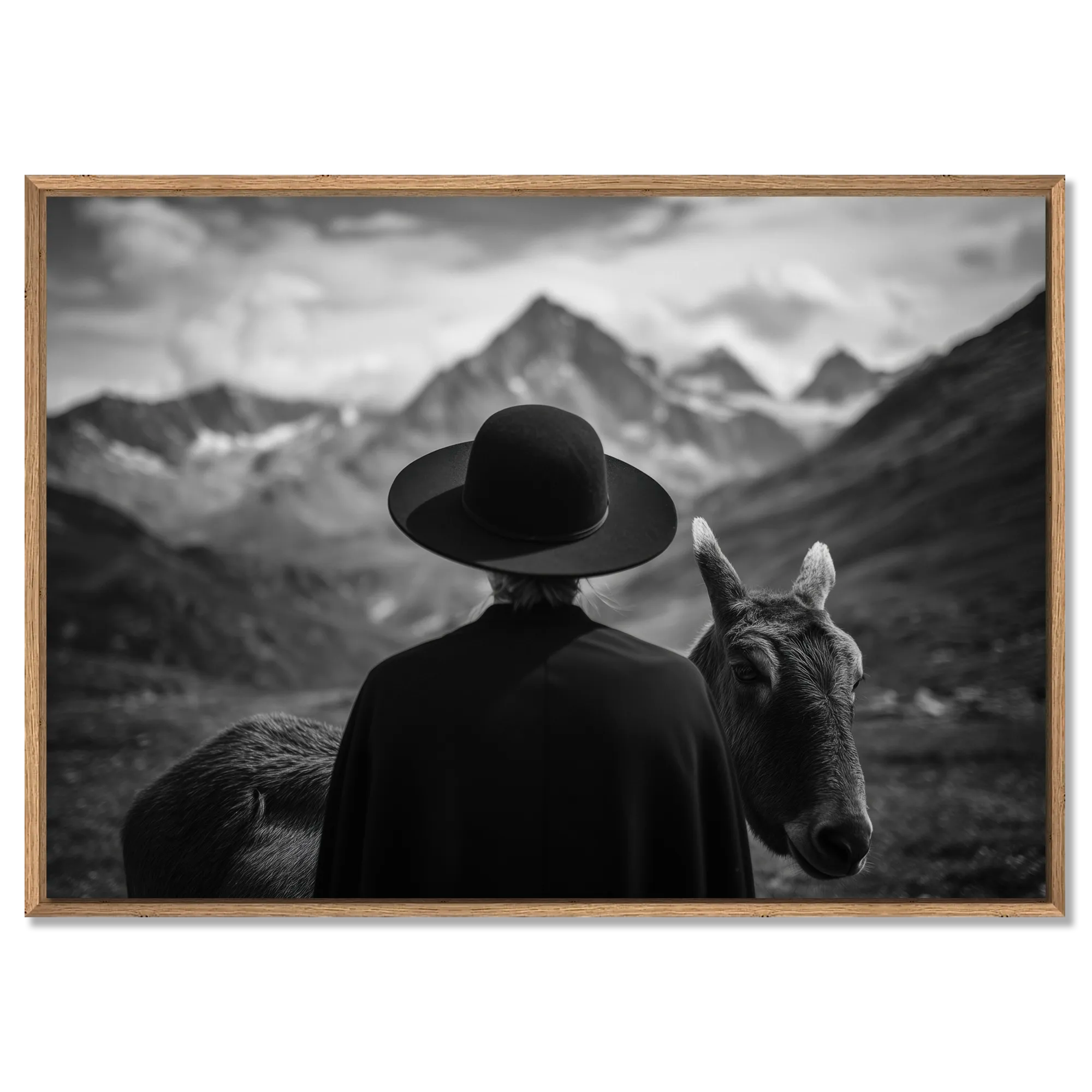 Alpine Companion and Donkey – Alu-Dibond wall art featuring a human figure with an alpine donkey in mountainous scenery.