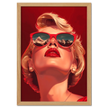 Alpine Glamour - Poster featuring a woman in red sunglasses with snowy mountains reflected in the lenses.
