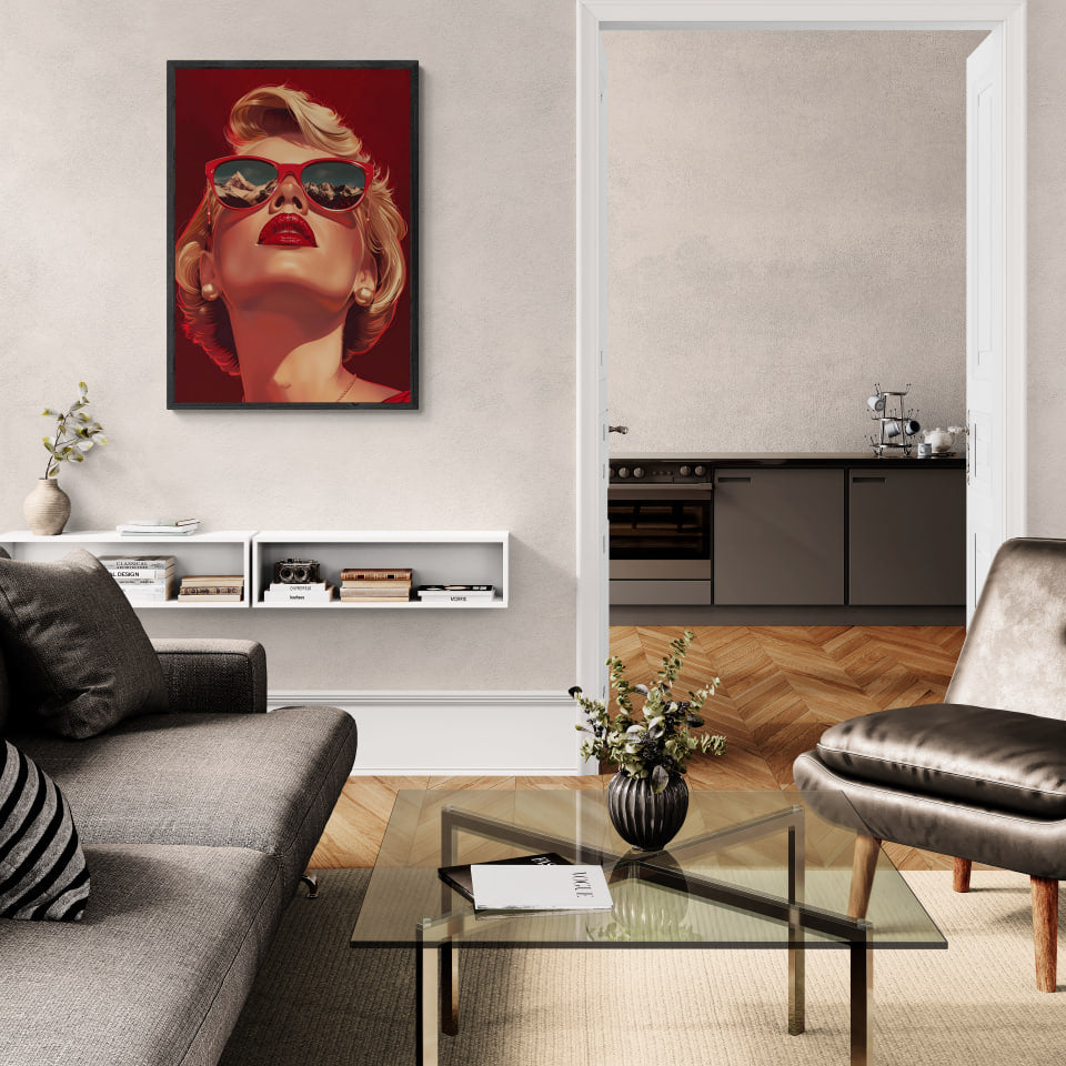 Alpine Glamour - Poster featuring a close-up of a woman in bold red sunglasses in a modern living room setting.