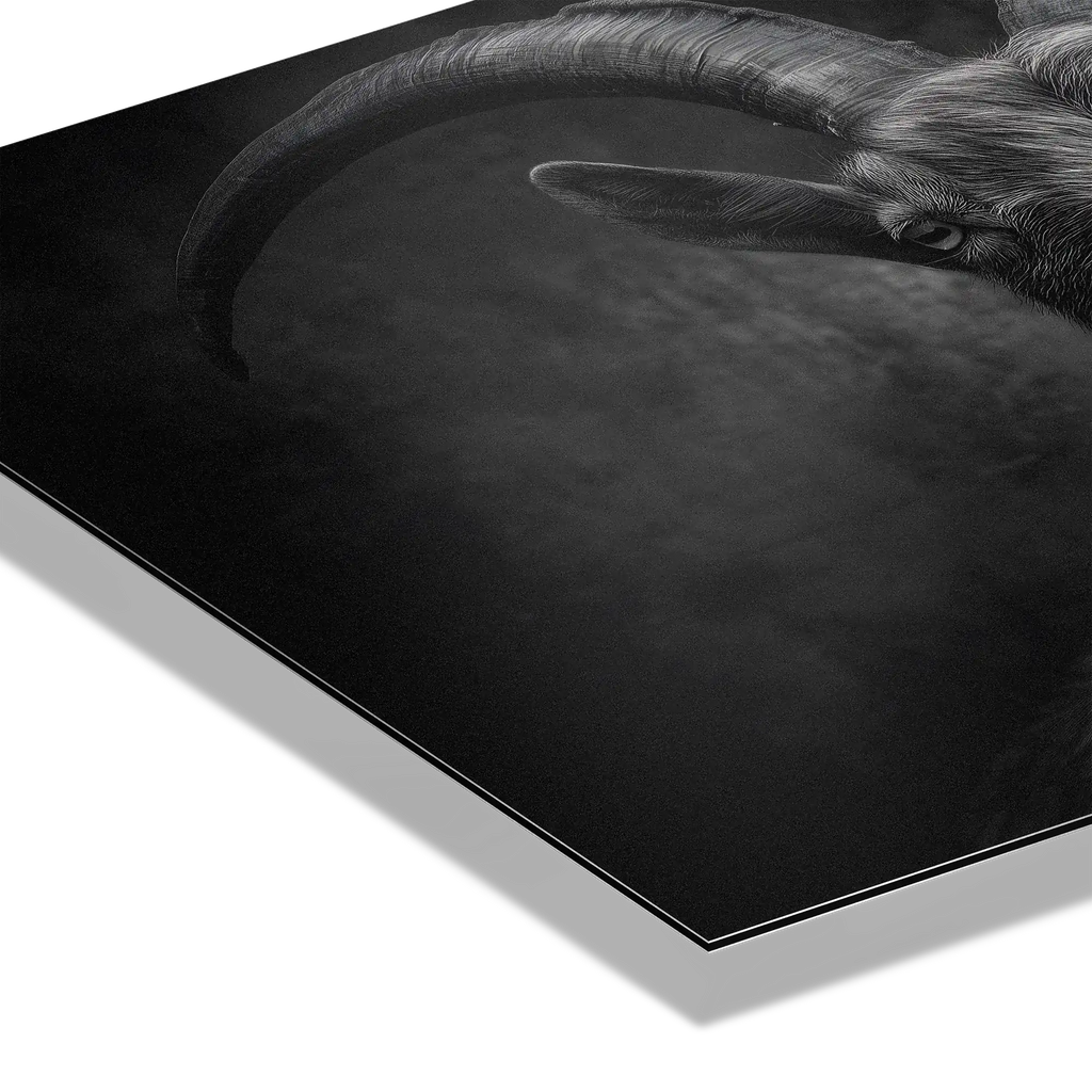 Character of a goat - Alu-Dibond wall art showcasing the alpine goat's impressive horns and textured coat.