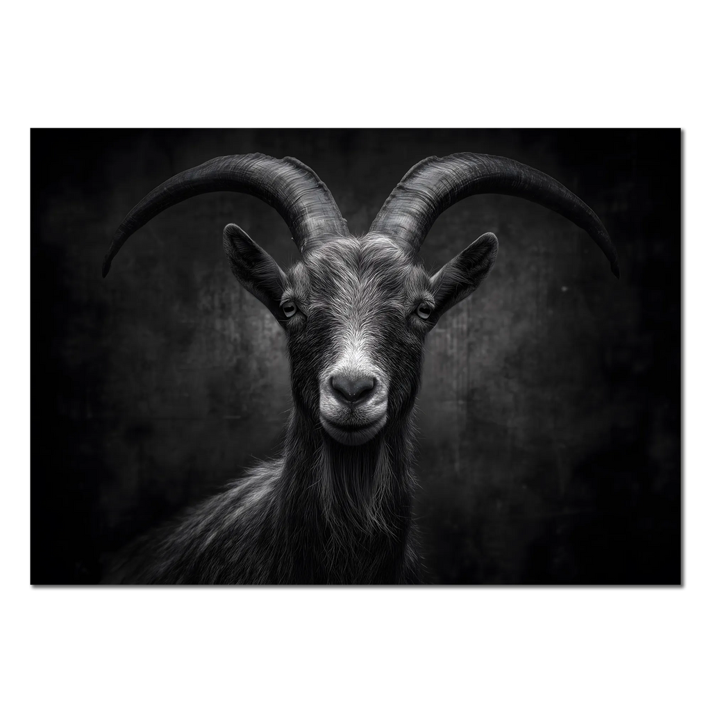Character of a goat - Alu-Dibond wall art showcasing a confident alpine goat in a striking black and white portrait.