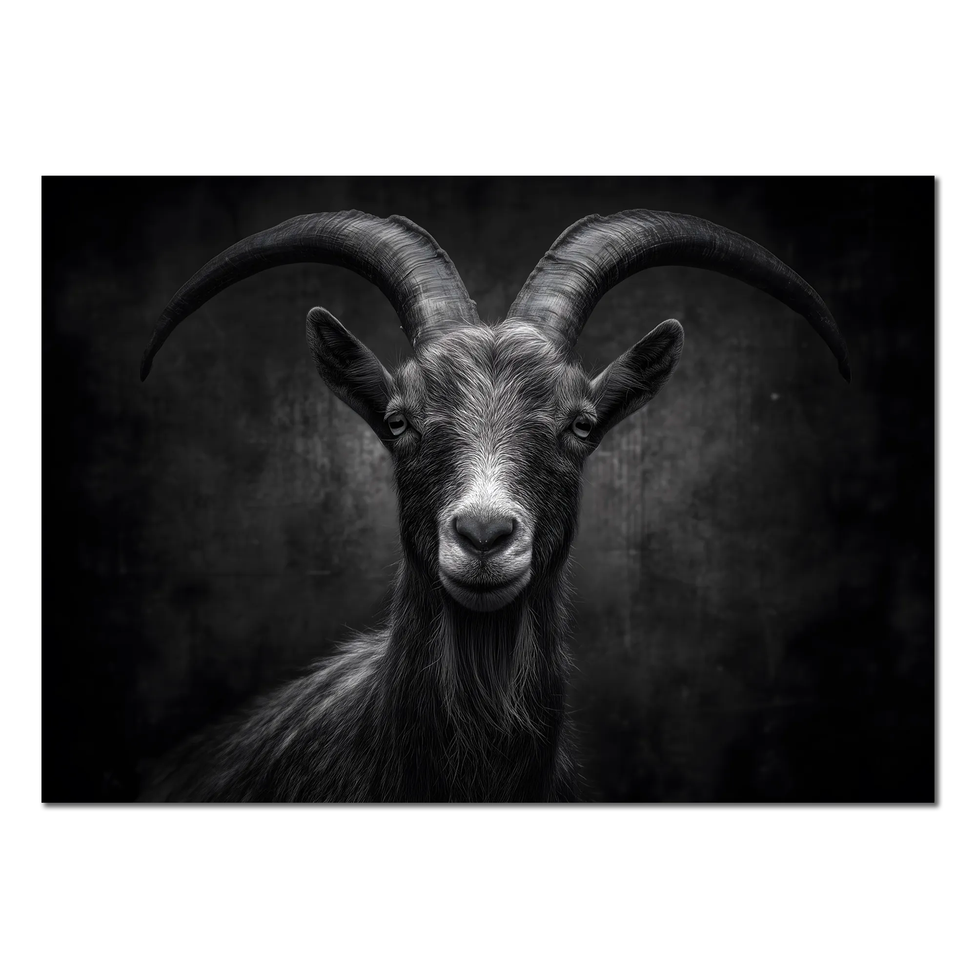 Character of a goat - Alu-Dibond wall art showcasing a confident alpine goat in a striking black and white portrait.