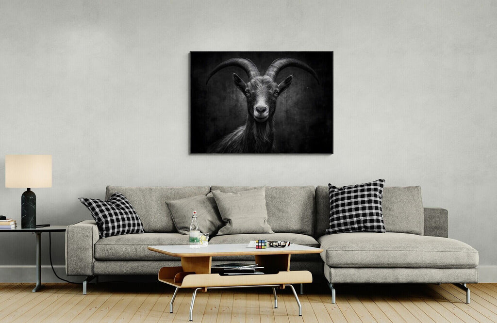 Character of a goat - Alu-Dibond wall art displayed above a modern sofa in a stylish living room.