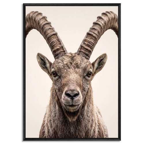 The Ibex Regent - close portrait of an alpine ibex with ridged horns, large alpine wall art XXL.