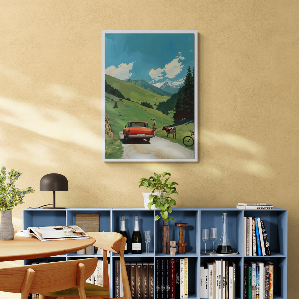 Alpine Idyl - Poster featuring a vintage car, cow, and mountains, perfect wall art for modern interiors.