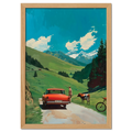 Alpine Idyl - Poster featuring a vintage red car and a man beside a cow in the Alps, capturing a nostalgic summer day.
