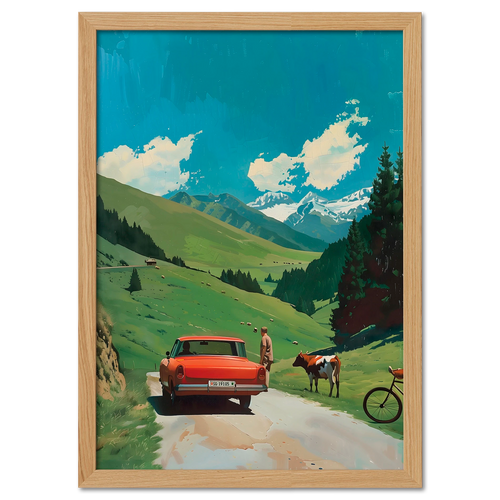 Alpine Idyl - Poster featuring a vintage red car and a man beside a cow in the Alps, capturing a nostalgic summer day.
