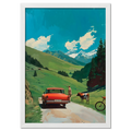 Alpine Idyl - Poster showcasing a vintage red car, a cow, and scenic green hills in the Alps.