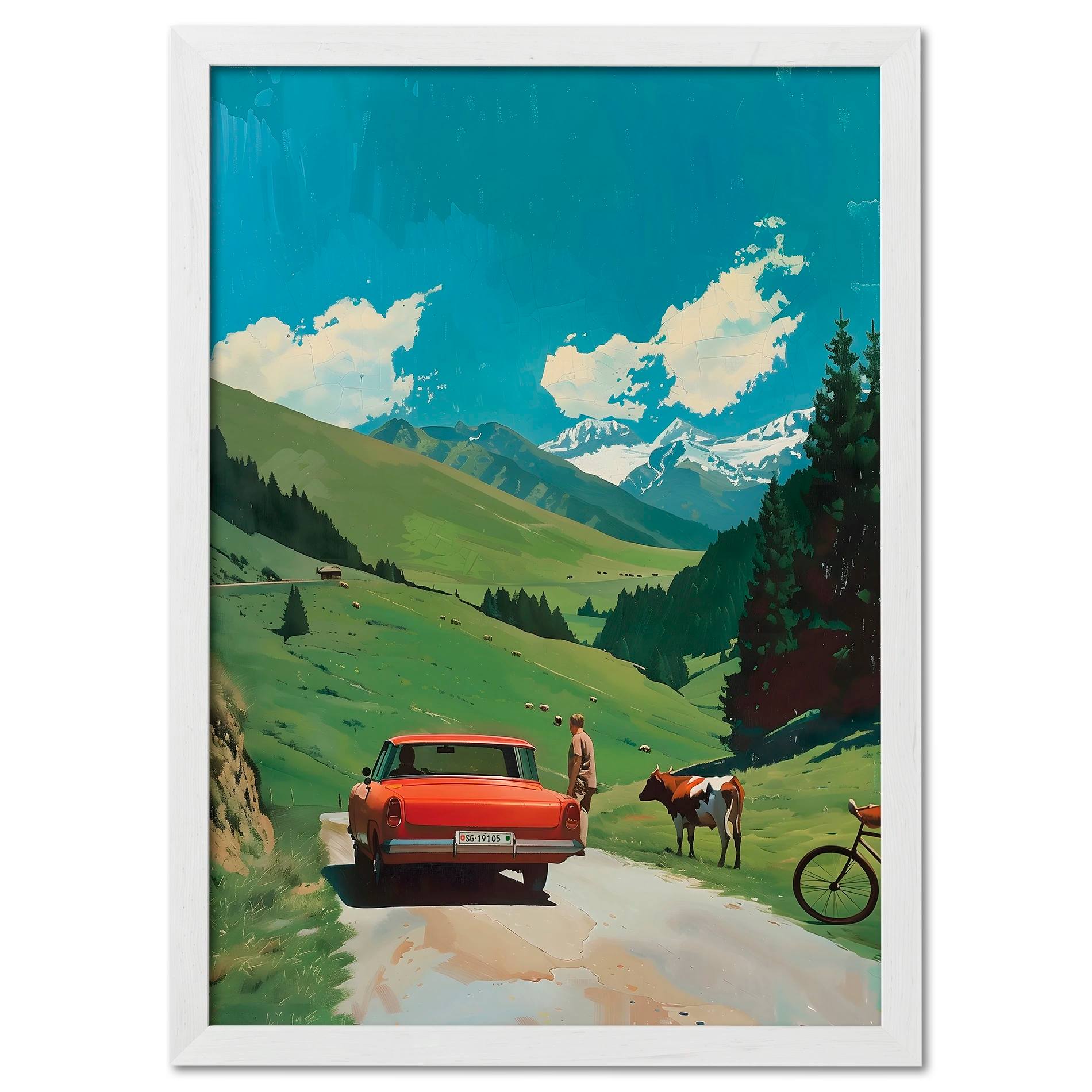 Alpine Idyl - Poster showcasing a vintage red car, a cow, and scenic green hills in the Alps.