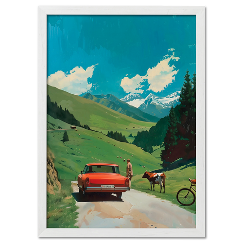 Alpine Idyl - Poster showcasing a vintage red car, a cow, and scenic green hills in the Alps.