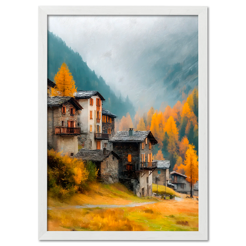 Alpine Lightfall - Poster featuring a cozy alpine village with autumn colors and misty mountains.