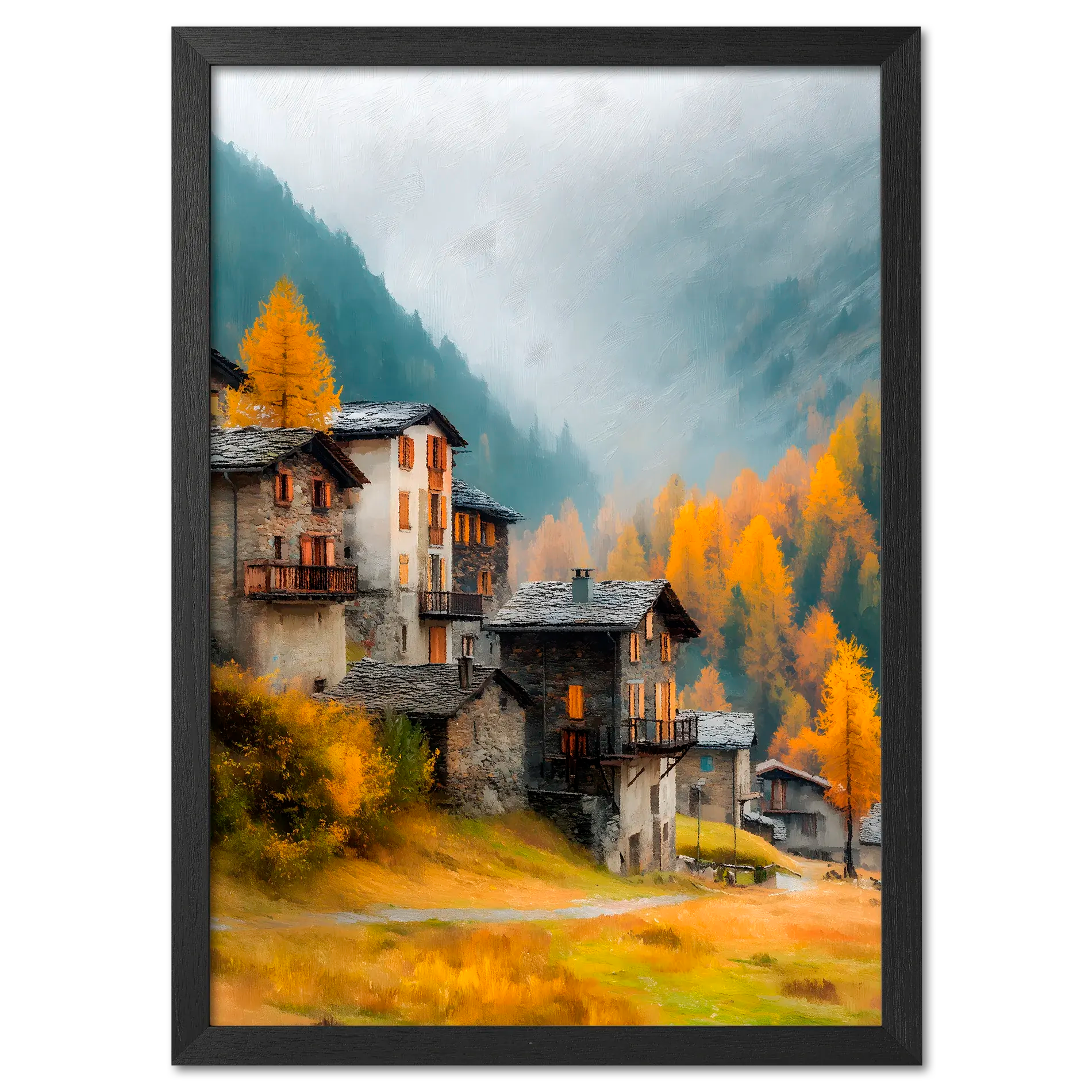 Alpine Lightfall - Poster featuring a peaceful alpine village in autumn colors with stone houses and golden trees.