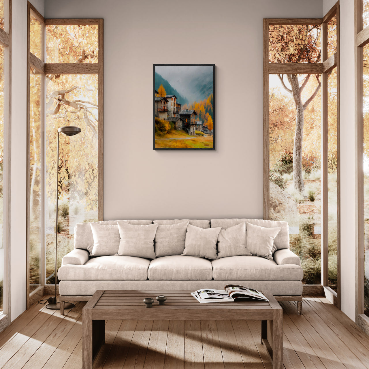 Alpine Lightfall - Poster displayed in a bright modern living room with autumnal decor and cozy furnishings.