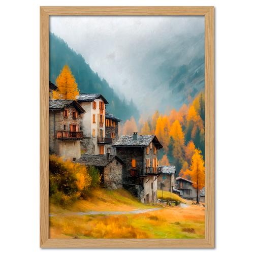 Alpine Lightfall - Poster featuring an idyllic alpine village surrounded by autumn colors and misty mountains.