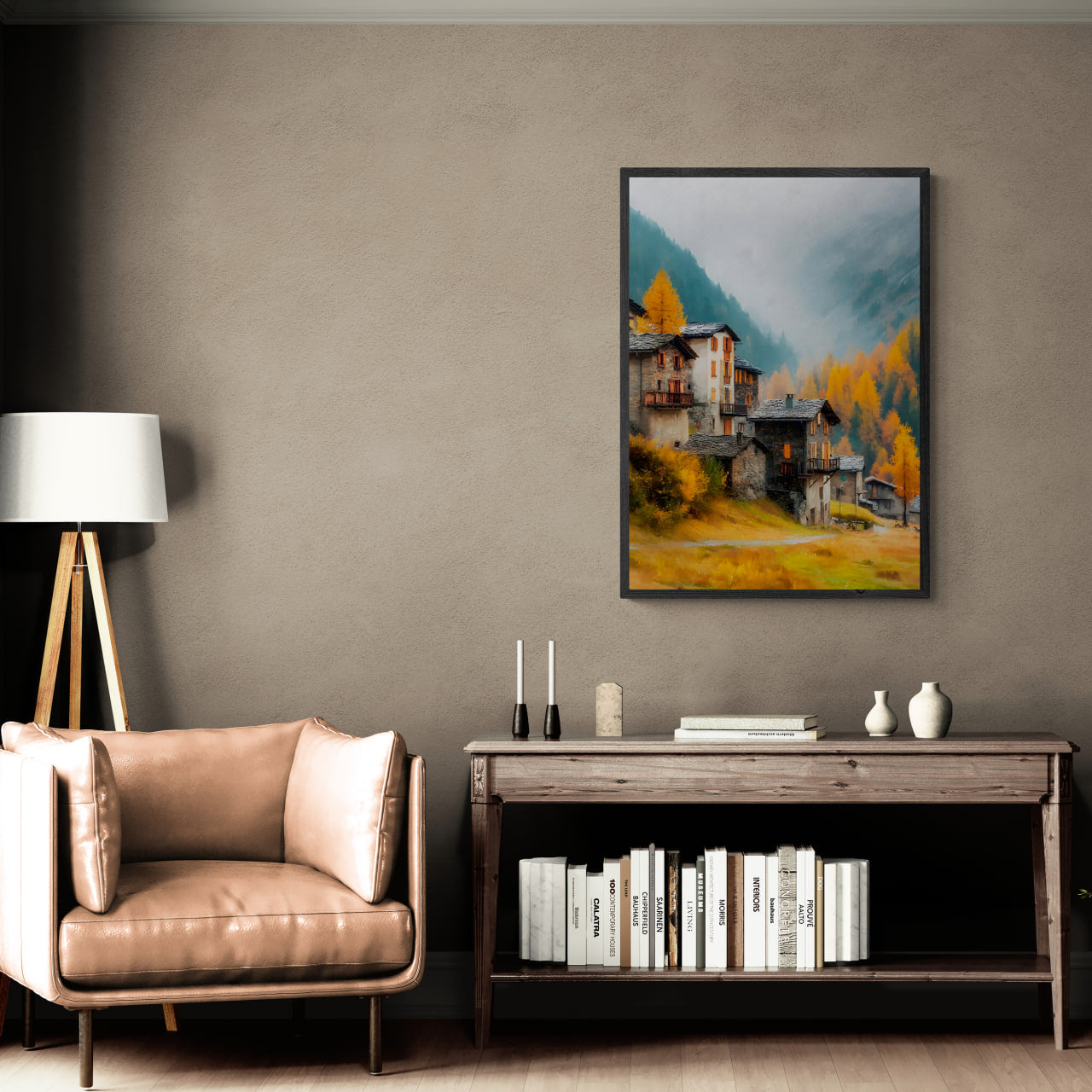 Alpine Lightfall - Poster showcasing a cozy alpine village in autumn colors, perfect wall art for modern interiors.