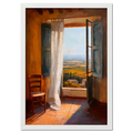 Tuscan Lightfall - Poster featuring warm sunlight in a quiet room with open shutters and a scenic view.