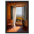 Tuscan Lightfall - Poster showing warm sunlight entering a room through open shutters and a view of gentle hills.