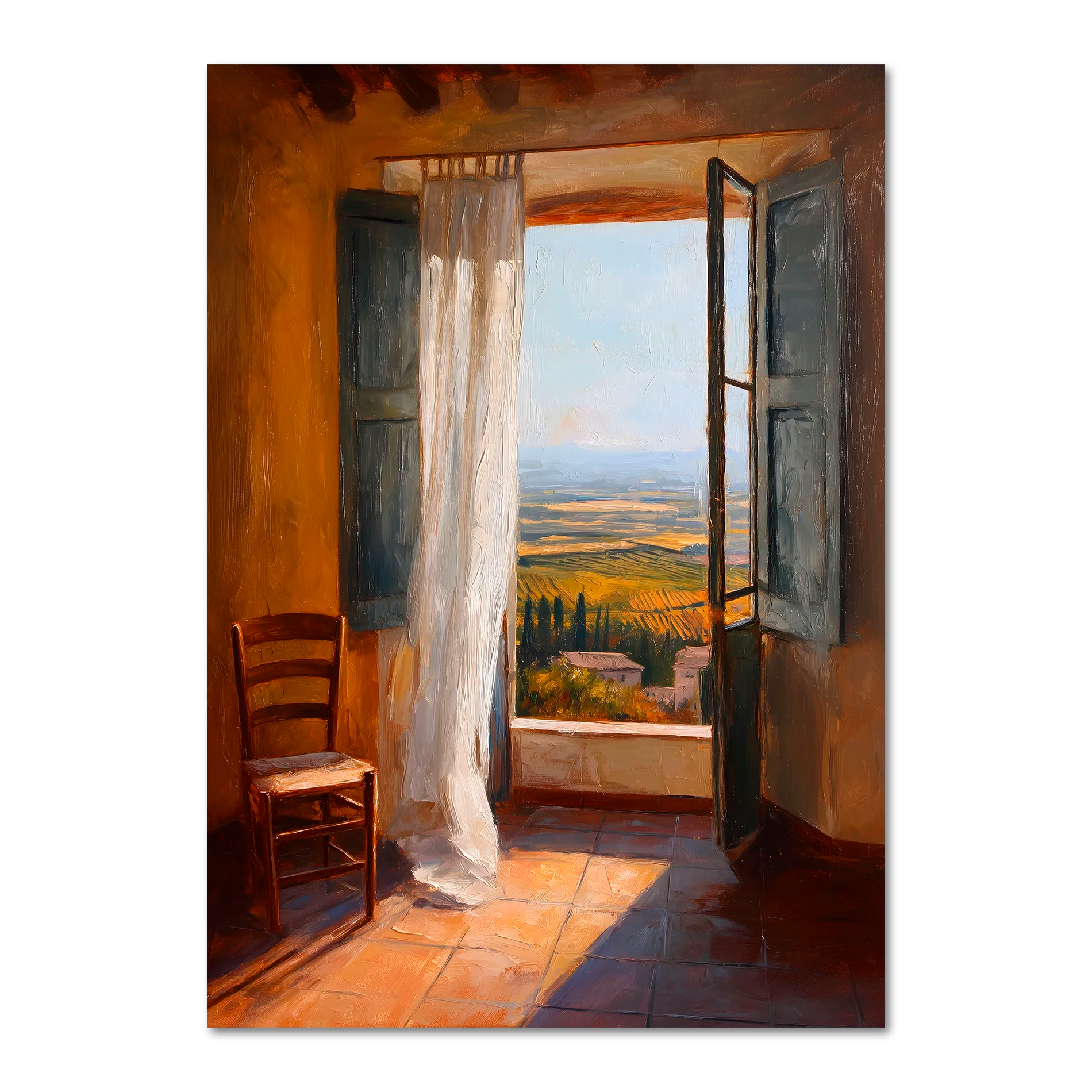 Tuscan Lightfall - Poster depicting warm sunlight streaming through open shutters in a peaceful room.