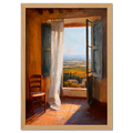 Tuscan Lightfall - Poster featuring sunlight entering a room through open shutters and a view of gentle hills.