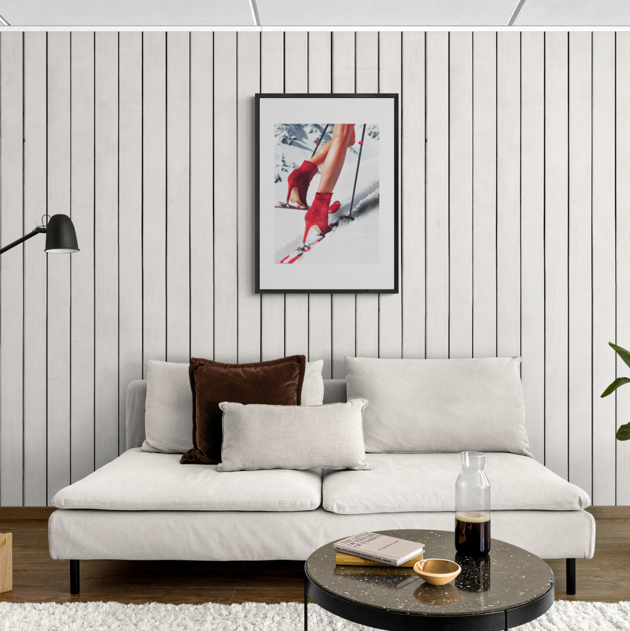 Alpine Podium - Poster featuring stylish red high-heeled boots on skis, displayed in a modern minimalist living room.