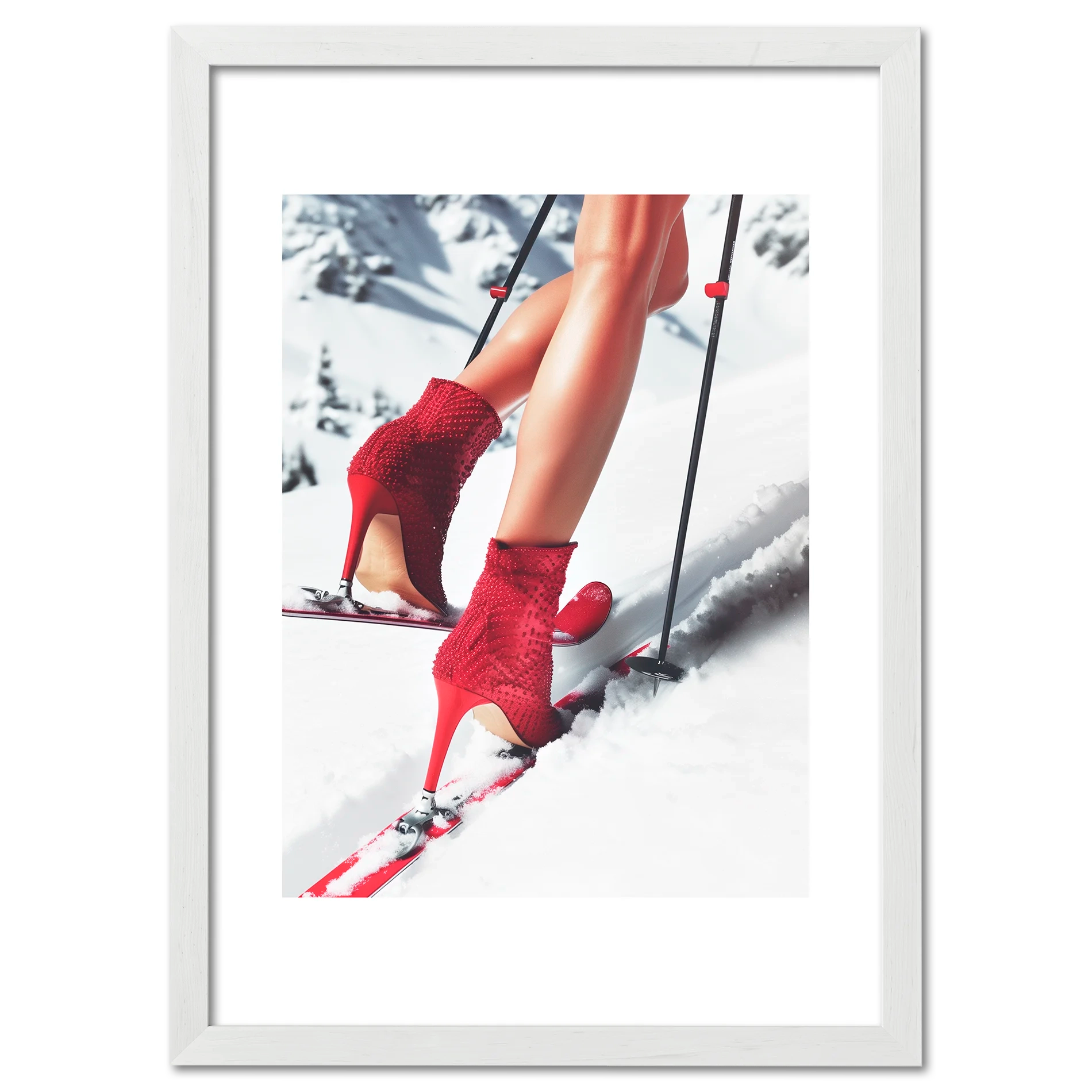 Alpine Podium - Poster featuring red high-heeled boots on skis in a snowy winter scene.