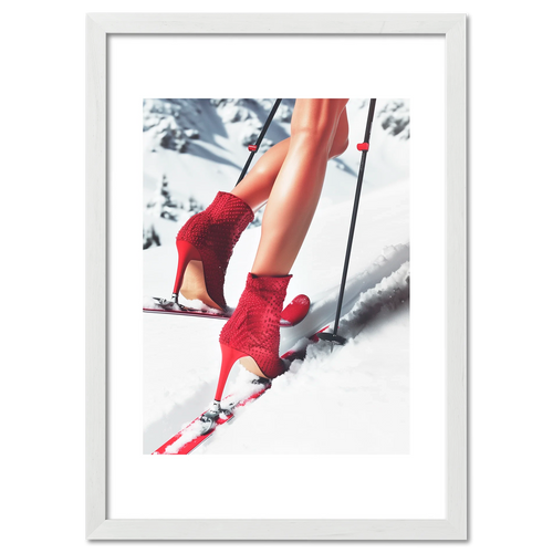 Alpine Podium - Poster featuring red high-heeled boots on skis in a snowy winter scene.