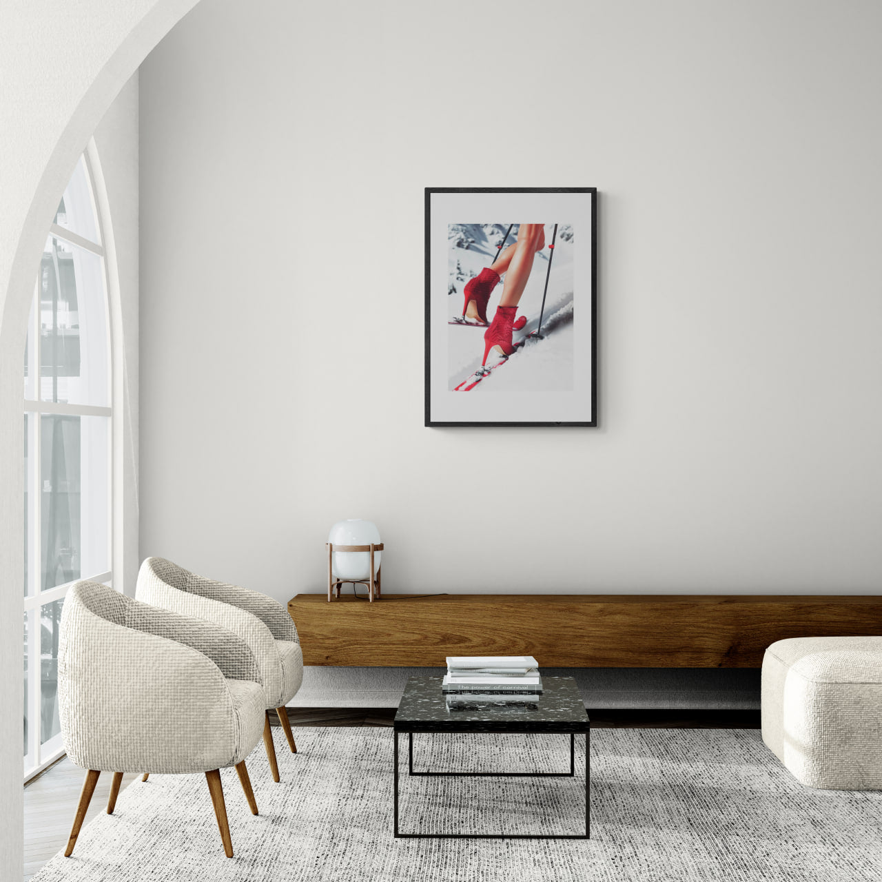 Alpine Podium - Poster featuring red high-heeled boots on skis, suitable wall art for modern minimalist interiors.