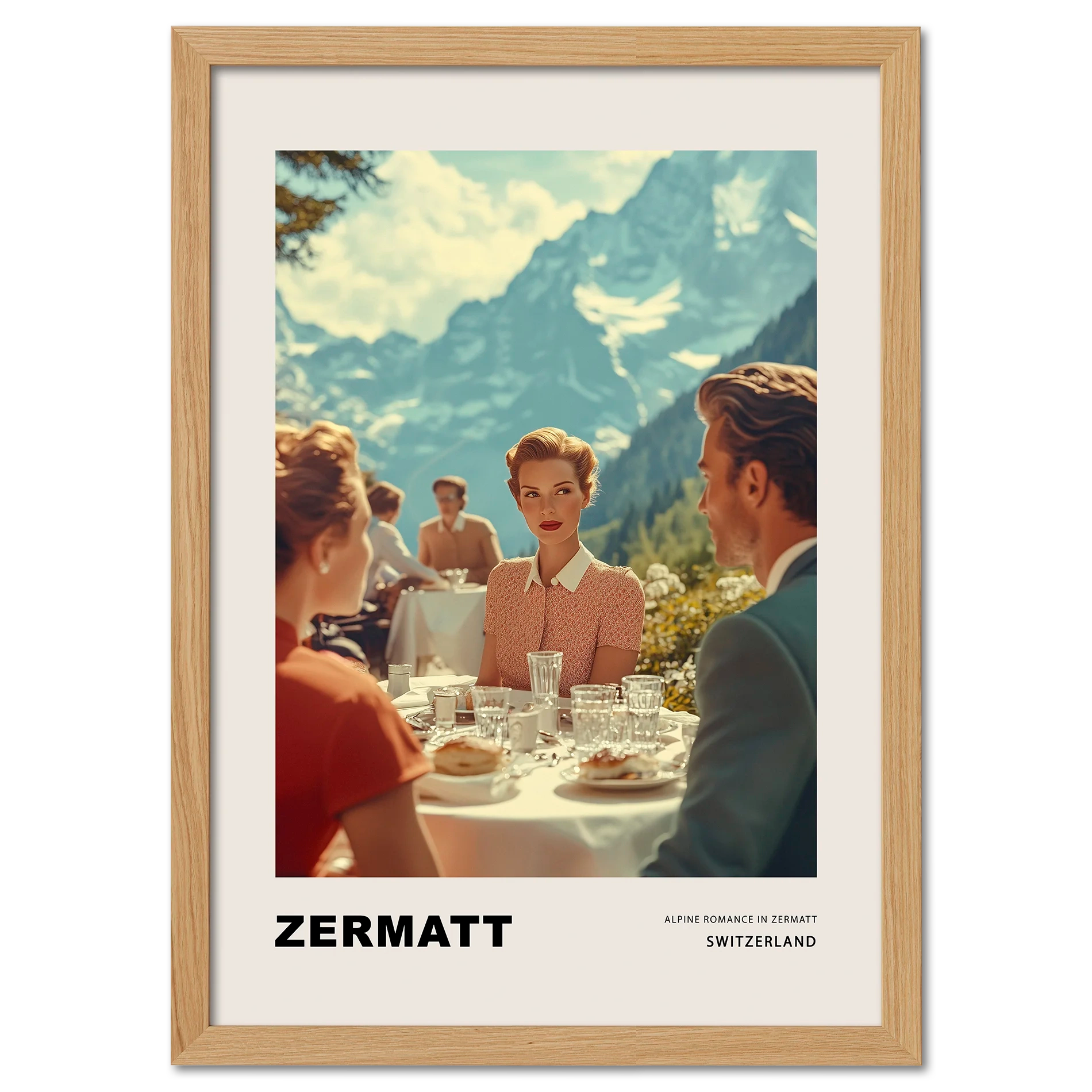 Alpine Romance in Zermatt - Poster featuring elegantly dressed people having lunch against alpine peaks.
