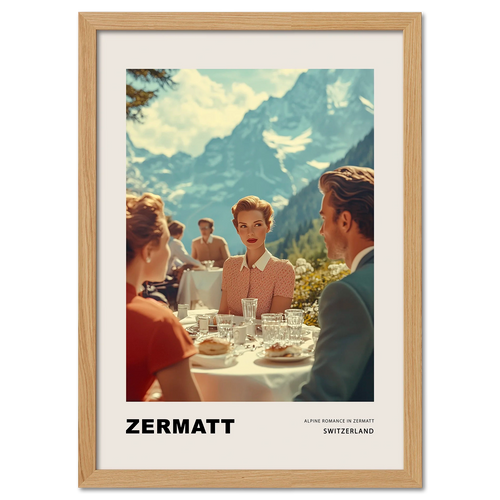 Alpine Romance in Zermatt - Poster featuring elegantly dressed people having lunch against alpine peaks.